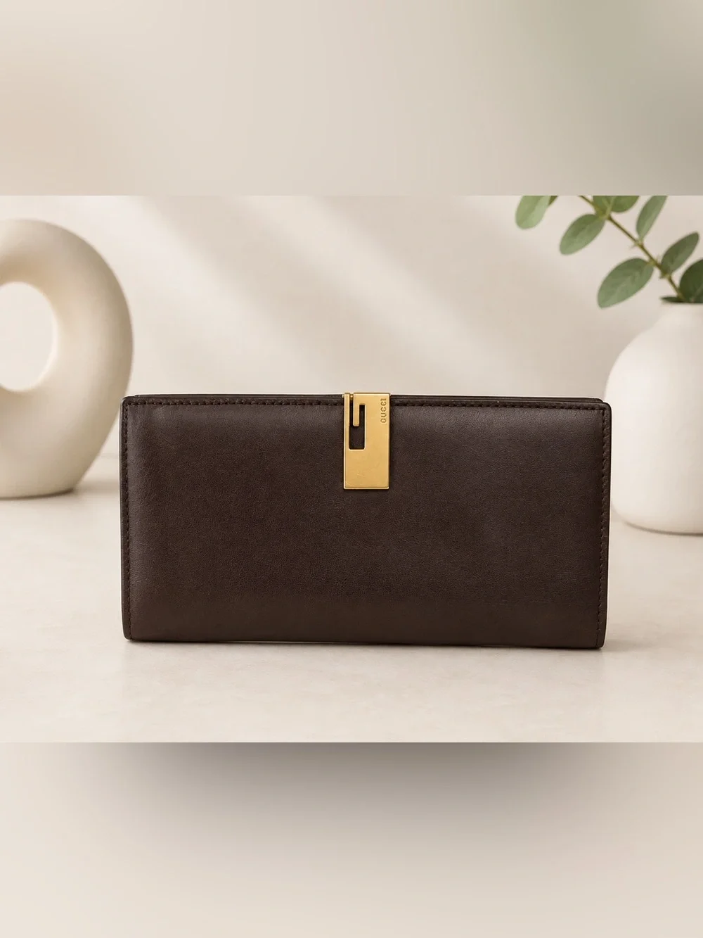 Vintage Gucci Brown Leather Long Wallet with Gold Hardware